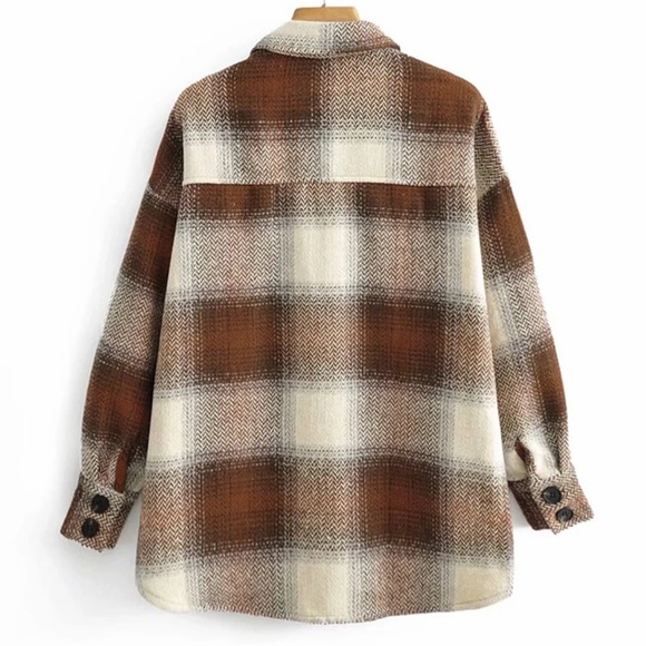 Boyfriend Fit Plaid Jacket Coat Brown Trucker - Picture 11 of 16